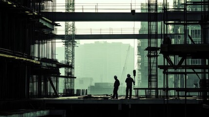 Two construction workers in silhouette stand on a scaffolding platform overlooking a city skyline.