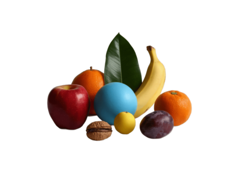 Vibrant Assortment of Colorful Fruits and Objects: Red Apple, Blue Sphere, Yellow Banana, Orange, Green Leaf, Purple Grape, and Brown Nut Arranged Playfully