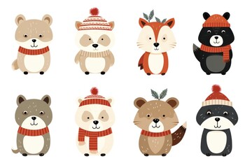 Obraz premium Adorable winter animals in cozy knitted attire with festive hats