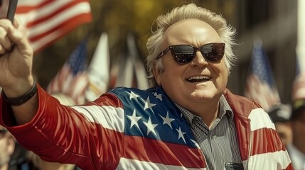 Patriotic man cheering at a rally with American flag, Excited crowd celebrating with flags, American pride celebration outdoors
