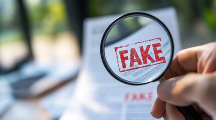 A person is holding a magnifying glass over a piece of paper that says fake