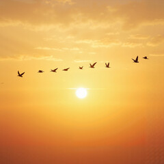Obraz premium flock of birds against sunset, Al Generation