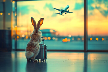 A whimsical rabbit with a suitcase and fluffy tail and long ears gazes from the airport waiting room at a plane taking off during a warm sunset. Adventure and wanderlust concept