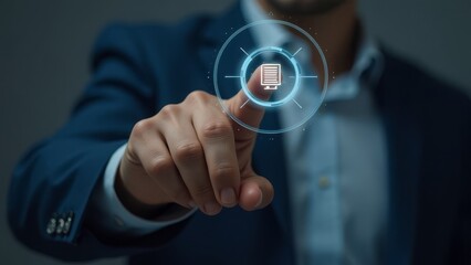 Futuristic business technology: man interacts with digital interface icon