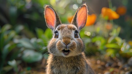 Fototapeta premium Cute little bunny in the meadow with yellow flowers. Easter concept.
