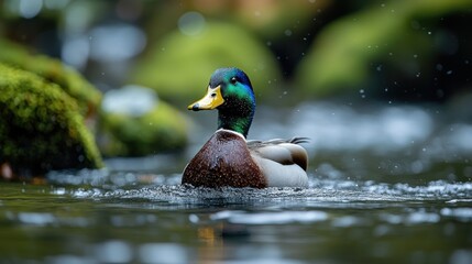 Mallard Duck Swimming in Stream