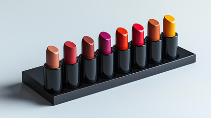 Luxury makeup display. Lipsticks with variety of colors on a white background.