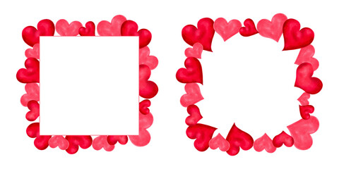 Square frame of pink and red hearts for Valentine's Day, Mother's Day. Watercolor, marker illustrations. Hand drawn isolated art. Wreath, template with place for text for design of cards, invitations