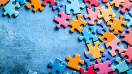 Scattered pastel jigsaw puzzle pieces arranged on soft blue background, creating minimal composition that symbolizes business solutions and modern design aesthetic.