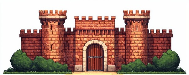 Medieval Castle Gate with Towers and Brick Wall Pixel Art Illustration