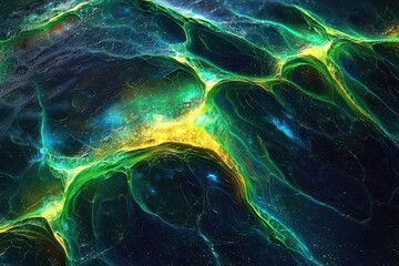 Abstract Colorful Fluid Art with Green, Yellow, and Black Patterns Evoking Cosmic or Natural Phenomena in a Dreamlike Universe