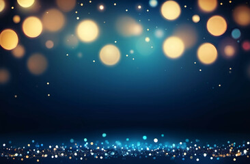 Abstract blurred bokeh lights on dark blue background - festive Christmas and new year holiday template with glittering defocused stars and sparkling effects