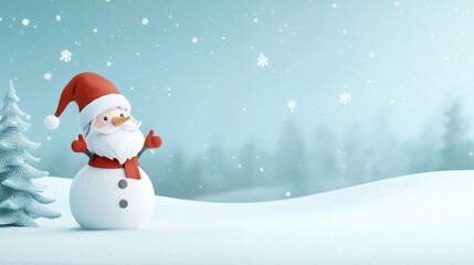 Fototapeta premium Snowman Gnome with red hat and scarf waving in snowy landscape surrounded by winter trees