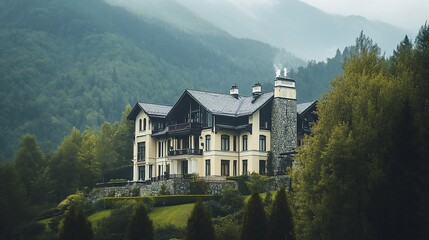 Fototapeta premium A large, luxurious home nestled in the foothills of a mountain range.