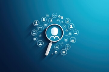 Creative Concept of Customer Search and Profile Analysis Using Magnifying Glass and User Icons in a Modern Digital Marketing Environment