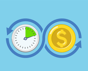 Clock with dollar coin money inside infinity sign. Vector concept