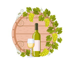 Barrel, bottle, glass of white wine and grape branch with bunches of grapes and leaves. Concept of winemaking, production and sale of wine, growing grapes. Vector vintage pattern for menus and labels.