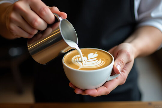 Branner of barista hand making a cup of coffee at cafe.
