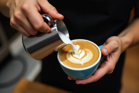 Branner of barista hand making a cup of coffee at cafe.
