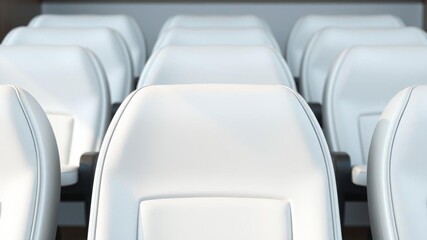 Close up view of three white seats lined up in a row against a white background, minimalistic, interior