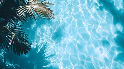 Rippling turquoise pool water surface reflecting palm tree shadows, creating tropical resort ambiance with natural sunlight dancing across crystal clear water.