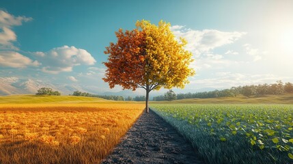 A vivid landscape features a tree with autumn colors, separating golden fields from lush green grass under a bright sky, showcasing nature's beauty and seasonal changes.