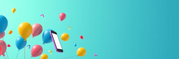 Colorful balloons bursting out of a mobile phone in a vibrant 3D render, visual, communication