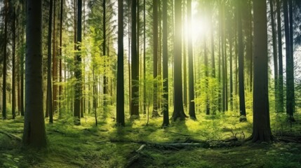 Sunbeams shining through tall trees in a lush green forest.