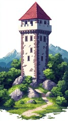 Fototapeta premium Medieval Stone Tower on a Hilltop with Mountains in the Background