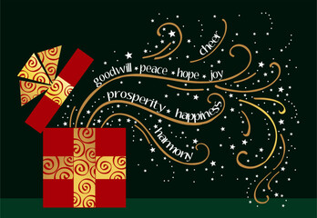 Happy new year greeting christmas card design with red gift box covered with red gift paper on white background vector EPS