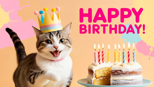A Cat's Birthday Party: A festive and colorful image of a cat celebrating its birthday with cake and a party hat. Happy Birthday. 2