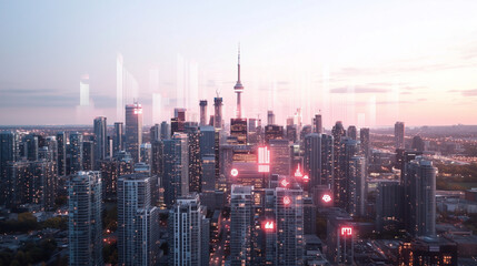 Fototapeta premium Aerial Cityscape with Holographic Risk Management Icons