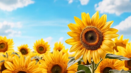 Obraz premium Vibrant Sunflowers Blooming in Summer Field Sunny Sky