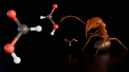 3d rendering of Formica rufa or red wood ant, it can spray a powerful jet of formic acid, a chemical weapon that can deter predators and enemies.