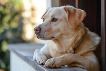 A Labrador retriever resting its paws on the windowsill, gazing outside, illuminated by gentle sunlight.
