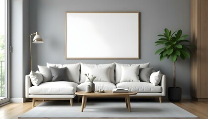 A modern living room with a large white sofa, wooden coffee table, and a blank white framed wall art