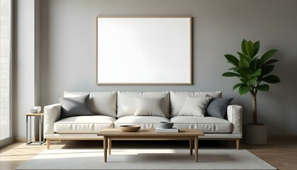 A modern living room with a large white sofa, wooden coffee table, and a blank white framed wall art