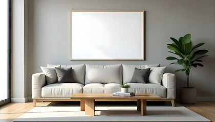 A modern living room with a large white sofa, wooden coffee table, and a blank white framed wall art