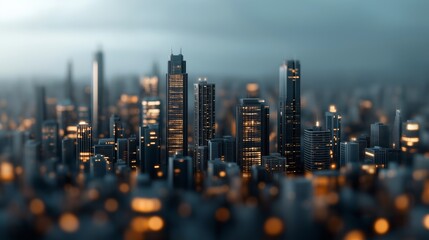 A stunning urban skyline illuminated at dusk showcasing modern architecture against a cloudy sky.