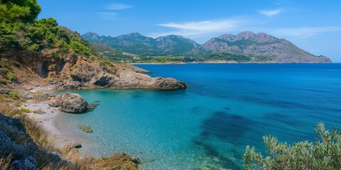 Obraz premium A serene turquoise bay with a rocky coastline, framed by lush greenery and distant mountainous landscape.