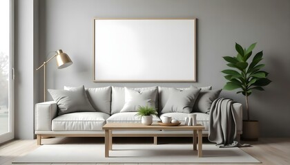A modern living room with a large white sofa, wooden coffee table, and a blank white framed wall art