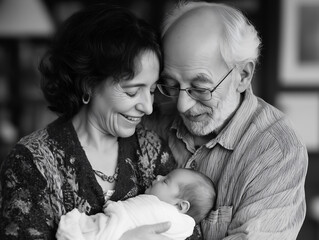 Elderly couple joyfully holding baby outdoors (black and white photo). Warm family photo of grandparents with grandson
