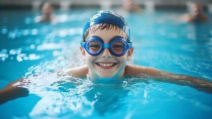 A young boy is smiling and wearing goggles while swimming in a pool
