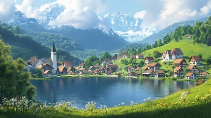 Fototapeta premium A picturesque village nestled in a valley surrounded by snow-capped mountains and a serene lake.