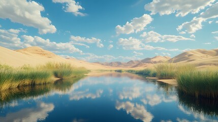Obraz premium Serene desert landscape showing an oasis with perfect&nbsp;mirror reflection, featuring golden sand dunes, desert grass, and pristine water pool under&nbsp;dramatic blue sky with clouds. 