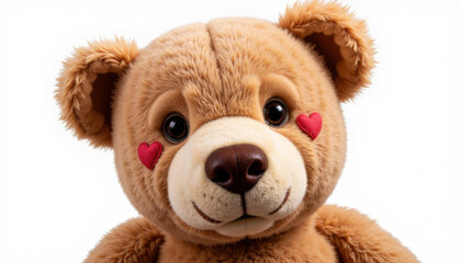 Obraz premium Close-up of teddy bear with heart-shaped face paint on white background