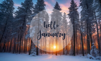 Hello January greeting with snowy trees in the winter forest against sunset sky.Wintertime holidays concept.
