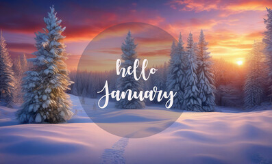 Hello January greeting with snowy trees in the winter forest against sunset sky.Wintertime holidays concept.
