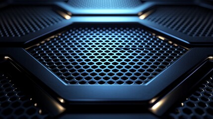 Close-up of a futuristic metallic surface with a hexagonal grill pattern.