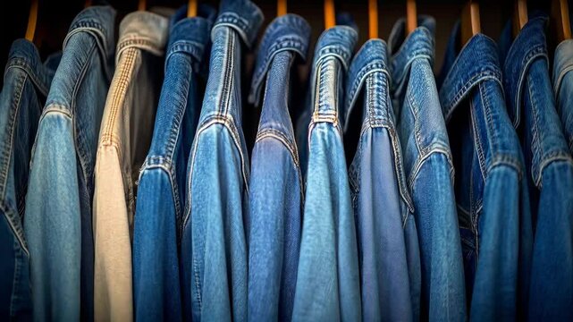 Row of Blue Jeans Hanging Neatly on Wooden Hangers in Closet